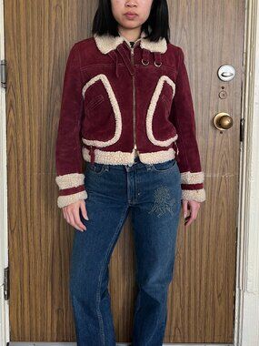 Vintage Burgundy Suede Shearling Jacket Cropped Aviator Style Sherpa Trim